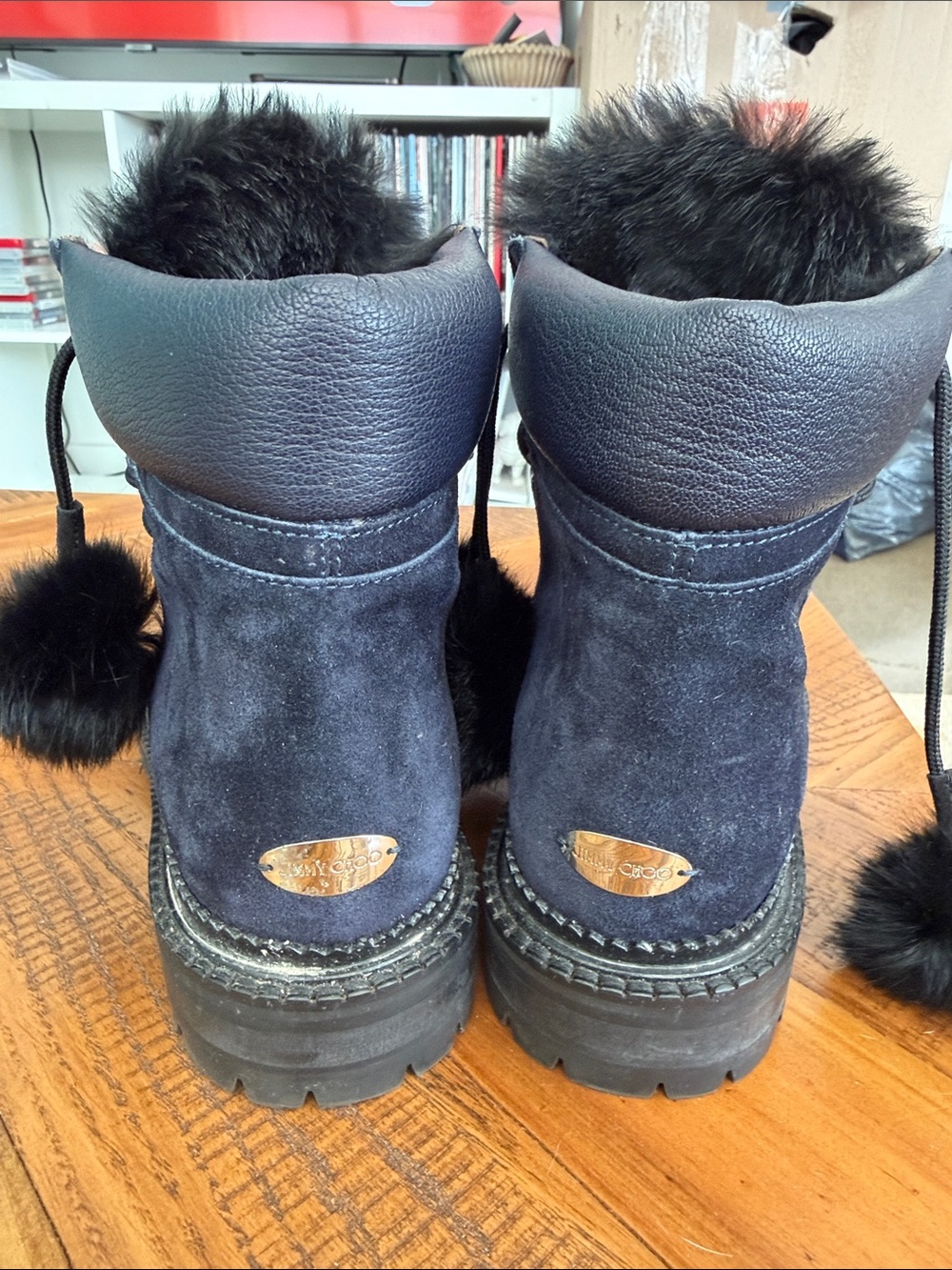 Jimmy Choo Women’s Navy Suede Lace-Up Winter Boots with Fur Lining and Pom Poms - Picture 2 of 5